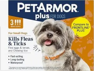 Box of PetArmor Plus for Dogs flea and tick treatment for small dogs weighing 5–22 lbs. The package includes a 3-month supply and states it kills fleas, flea eggs, larvae, ticks, and chewing lice. Features include fast-acting, long-lasting, and waterproof protection. The box also notes it can be compared to FRONTLINE Plus. A happy small dog is pictured on the front.