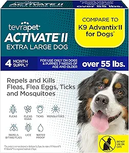 Flea & Tick Prevention For Dogs. 10 CLICK HERE. AMAZON'S CHOICE Activate II Flea and Tick Prevention for Dogs | 4 Count | Extra Large Dogs 55+ lbs | Topical Drops | 4 Months Flea Treatment COMPARE TO K9 ADVANTIX II: Activate II uses Imidacloprid, Permethrin, and Pyriproxyfen - the same safe, fast acting active ingredients used in Advantix II for Dogs. Includes 4 monthly doses ACTIVELY PROTECTS YOUR DOG: Activate II is approved by veterinarians to repel and kill fleas and ticks on contact - before your dog is exposed to bites and potential flea borne illnesses STOP INFESTATIONS FAST: Our topical drops prevent infestations by breaking the flea life cycle - our insect growth regulator (IGR) starts killing flea eggs and larvae within 12 hours of application EASY TO APPLY: Simply apply to the base of your dog's neck, and the waterproof solution will travel across the skin - providing continuous protection for 30 days per application