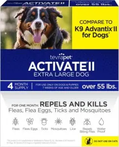 Box of Tevrapet Activate II Extra Large Dog flea and tick treatment for dogs over 55 lbs. The packaging states it’s a 4-month supply and is for dogs 7 weeks of age or older. It claims to repel and kill fleas, flea eggs, ticks, mosquitoes, lice, and biting flies. The product is waterproof and not for use on cats. A happy Bernese Mountain Dog is pictured on the front.