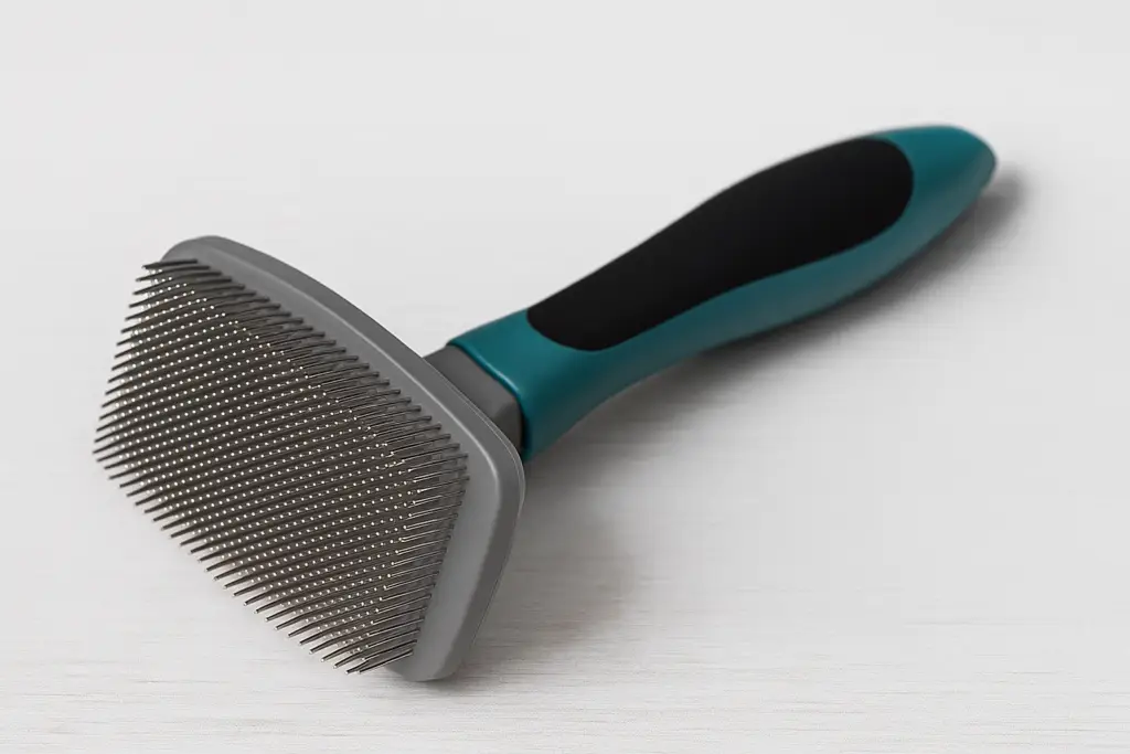 Deshedding brushes for dogs and cats shown on a table with grooming tools, highlighting pet hair removal and grooming effectiveness.
