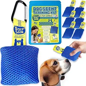 dog scent training kit found on Amazon - picture of a dig sniffing a blue bag