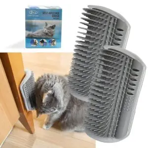 Gray cat rubbing against a wall-mounted self-grooming brush, with two gray corner brushes and product packaging labeled "Self-Massage Brush for Cats."