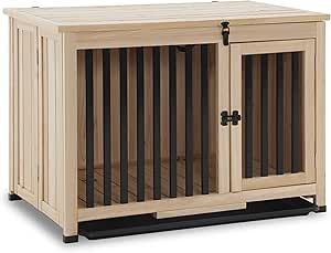 Wooden Dog Crate Furniture, Portable Foldable Dog Kennel End Table, Solid Wood Indoor Cage with Tray (Medium, Natural)