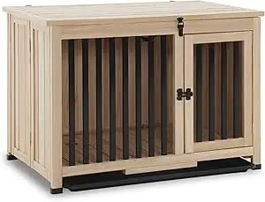 Wooden Dog Crate Furniture, Portable Foldable Dog Kennel End Table, Solid Wood Indoor Cage with Tray (Medium, Natural)