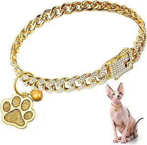CLICK HERE. Hillban Cat Collar Diamond Chain Glitter Collar Walking Metal with Secure Buckle Cat Pet Necklace with Paw Charm Link Cuban Jewelry Accessories with ID Tag Bell(10 Inch,Gold)