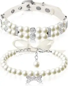 CLICK HERE. Hicarer 2 Pcs Small Dog Cat Pearl Collars and Pearl Necklace Set Cute Pet PU Leather Collars Necklace with Crystal Rhinestone for Dogs Cats Puppy Kitten Party Wedding Birthday