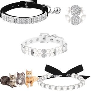 CLICK HERE. 3 Pieces Rhinestones Dog Collar Set Artificial Pearl Dog Collar Adjustable Dog Ribbon Necklace Collar Bling Diamante Cat Collar with Bell for Pet Wedding Birthday Party, 3 Styles