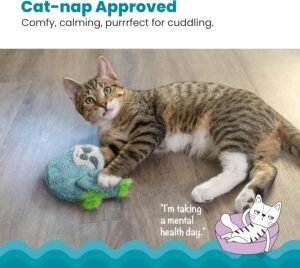 CLICK HERE. AMAZON'S CHOICE. Purr Pillow Snoozin' Sloth Soothing Plush Cat Toy REDUCES ANXIETY FOR STRESSED CATS: This soft plush purring cat toy is a great way to calm down kitties that get separation anxiety or exhibit signs of stress. TOUCH ACTIVATED PURR: The sloth Purr Pillow is designed to provide a familiar, soothing cat purr that lasts 2 minutes each time the toy is squeezed or cuddled. CUDDLY FABRIC: Soft fabric and bright colors will make the Purr Pillow Snoozin' Sloth a favorite nap time buddy. REMOVABLE PURR FOR EASY CLEANING: Keep your kitty's favorite new cuddle toy clean by simply removing the purr mechanism and placing the soft fabric shell into the washing machine. Dry before replacing the purr mechanism. PLAY IT SAFE: No toy is indestructible. Do not leave toys with unsupervised pets. Remove and replace toy if damaged.