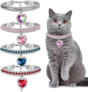 CLICK HERE. 4 Pieces Rhinestone Cat Collar Heart Bling Breakaway Cat Collar Adjustable Small Dog Accessories Soft Velvet Kitten Decor with Rhinestone Love Heart for Pet Party Dress Decor
