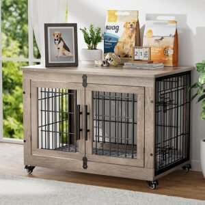 CLICK HERE. Dog Crate Furniture with Cushion, Wooden Dog Kennel with Double Doors, Heavy Duty Dog Cage End Table with Wheels, Dog House Indoor