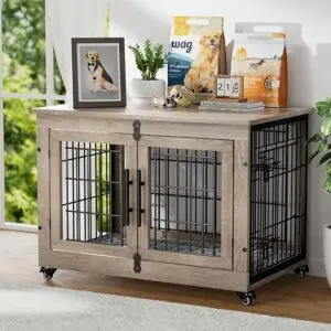 CLICK HERE. Dog Crate Furniture with Cushion, Wooden Dog Kennel with Double Doors, Heavy Duty Dog Cage End Table with Wheels, Dog House Indoor
