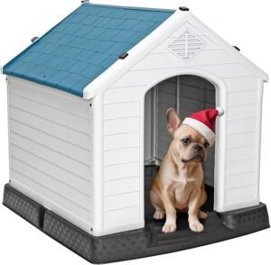 plastic blue and white dog house