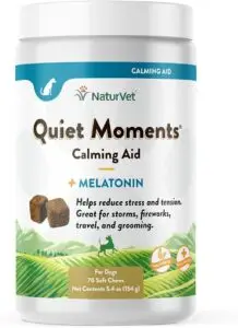 NaturVet Quiet Moments Calming Aid for Dogs – 70 Soft Chews with Melatonin – Helps Reduce Stress and Tension from Storms, Fireworks, Travel, and Grooming – Wheat-Free and Vet Formulated