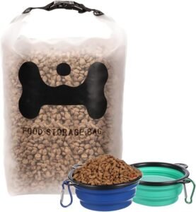 CLICK HERE. Silicone Pet Food Storage Bag,40-Cup Dog Food Travel Bag with 2PCS Collapsible Dog Travel Bowls, Perfect for Camping Trip, Dog Boarding, Weekend Getaways and Travel