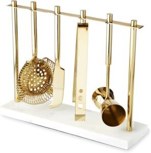 CLICK HERE. Twine Gold Barware Set, Hawthorne Strainer, Citrus Knife, Ice Tongs, Double Jigger, Marble Stand, Stainless Steel with Gold Finish, Set of 4