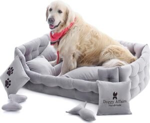 CLICK HERE. Luxury Handcrafted 5-in-1 Dog and Cat Bed Set | 3X More Durable Washable Elevated Puppy and Kitty Couch with 2 Cushions & 2 Toys – Super Soft Dutch Velvet,
