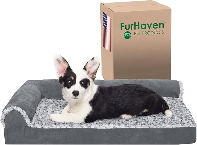 CLICK HERE. Orthopedic Dog Bed for Medium/Small Dogs w/ Removable Bolsters & Washable Cover, For Dogs Up to 35 lbs - Two-Tone Plush Faux Fur & Suede L Shaped Chaise