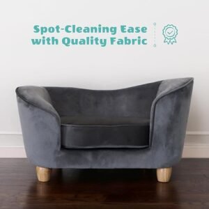 CLICK HERE. Critter Sitters 28-In. Faux-Velvet Gray Dog Bed for Small-Sized Dogs and Cats, Elegant Oval Dog Couch, Stylish and Modern Raised Dog Bed, Comfortable and Easy to Clean Dog Sofa