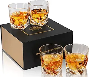 CLICK HERE. KANARS Whiskey Glasses Set of 4, 10 Oz Crystal Old Fashioned Cocktail Glass in Gift Box, Twisted Lowball Bourbon Tumbler for Scotch Whisky Cognac, Rock Barware for Men Gift