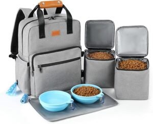 CLICK HERE. Dog Travel Bag, Airline Approved Organizer Backpack with Multi-Function Pockets, 25L Accessories Set with 2 Food Storage Containers, 2 Foldable Bowls for Weekend