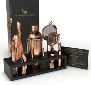CLICK HERE. AMAZON'S CHOICE. Highball & Chaser 13-Piece Cobbler Cocktail Shaker Set Matte Copper Stainless Steel Bartender Kit For Home Bar Cocktail Set Laser Engraved Cocktail Tools Plus E-Book with 30 Different Cocktail Recipes