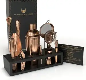 CLICK HERE. AMAZON'S CHOICE. Highball & Chaser 13-Piece Cobbler Cocktail Shaker Set Matte Copper Stainless Steel Bartender Kit For Home Bar Cocktail Set Laser Engraved Cocktail Tools Plus E-Book with 30 Different Cocktail Recipes