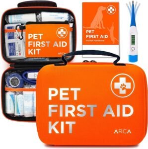 CLICK HERE. AMAZON'S CHOICE. Cat & Dog First Aid Kit for Car - Pet Emergency Kit for Home Office Travel – Dog Camping Essentials with Digital Thermometer, Muzzle & Mini First Aid Pouch