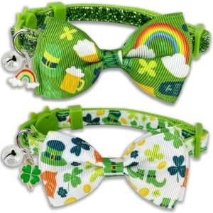 St. Patrick's Cat Collar with Bow Tie and Bell, Kitty Kitten Breakaway Lucky Irish Shamrock Collar for Girls and Boys Male Female Cats