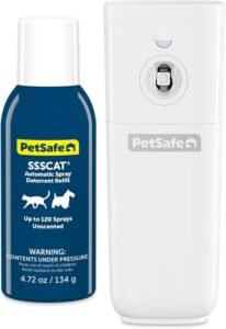 PetSafe SSSCAT Motion Activated Spray Pet Deterrent for Cats and Dogs: Keep your pets away from furniture, countertops, plants, and more with this effective motion sensor deterrent. It discourages chewing, scratching, and accidents in "off-limits" areas. Automatic, Mess-Free Correction: The SSSCAT device detects your pet’s movement up to 3 feet and releases a quick, odorless spray to gently redirect them. Uses 4 AAA batteries (not included) for a hassle-free, effective training solution.