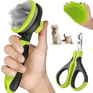 Kitten grooming kit featuring a deshedding brush, nail clippers, and silicone scrubber—an important part of kitten must haves for keeping fur clean and nails trimmed.