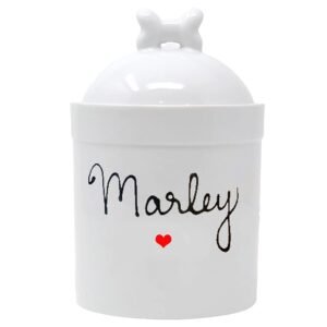 personalized pet treeat jar with name Marley and red heart