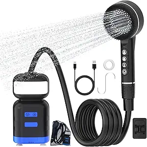 Upgrade your outdoor adventures with this 8000mAh rechargeable portable camping shower! Featuring a powerful electric pump, massage shower head, and multiple spray modes—perfect for pet bathing, RV trips, beach days, car washing, and more. Stay clean anywhere, anytime.