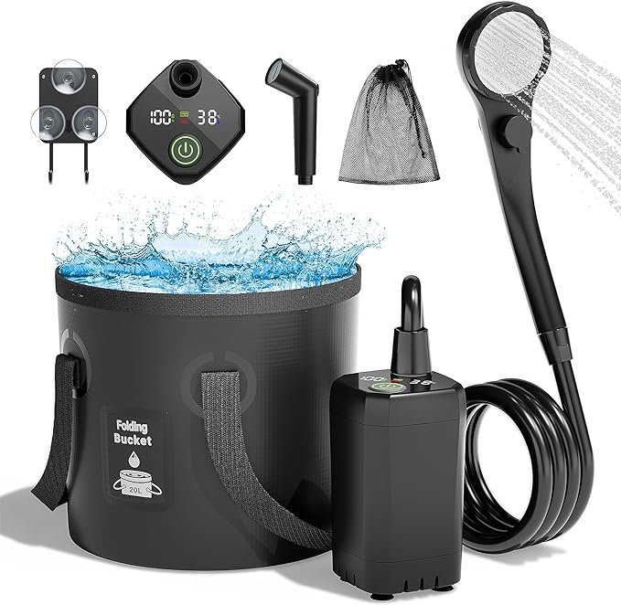 Make outdoor clean-up easy with the Moriko Portable Camping Shower! Includes a 6000mAh rechargeable pump, filtered shower head, and 5-gallon foldable bucket—perfect for hiking, beach trips, pet baths, car washes, surfing, and boat cleaning. Reliable, compact, and ready for any adventure.