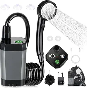 Stay fresh on every adventure with the Spopal 6000mAh Portable Camping Shower! With 4 spray modes, a smart LED display, and IPX7 waterproof design, it’s perfect for hiking, pet baths, car rinses, and travel. Compact, rechargeable, and built for the outdoors.