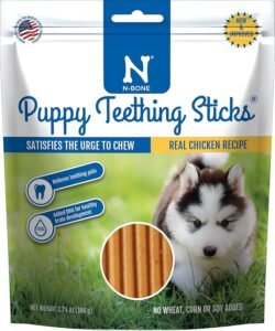 N-Bone Puppy Teething Sticks package featuring a husky puppy, real chicken recipe, relieves teething pain, supports brain development, no wheat, corn, or soy added
