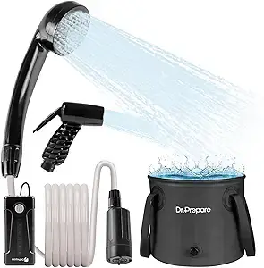 DR.PREPARE 4.5-gallon portable camping shower with USB-rechargeable pump and two shower heads, designed for pet cleaning, beach trips, hiking, and outdoor use.