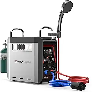 CAMPLUX Nano 3 Pro battery-powered portable water heater with propane tank hookup and shower pump, ideal for camping, outdoor rinsing, and dog bathing.