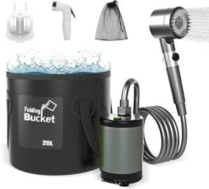 Catlyn rechargeable portable outdoor shower kit with electric pump and waterproof design, ideal for dog baths, beach use, hiking, and camping.