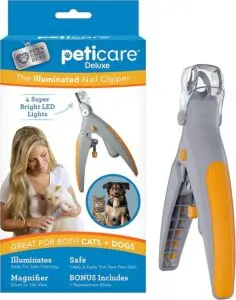 Pet/Cat/Dog Nail Grinders Vs. Clippers 14 Grey and orange PetiCare Deluxe illuminated pet nail clipper with built-in LED lights, magnifier, and replacement blade, designed for safe trimming on cats and dogs.