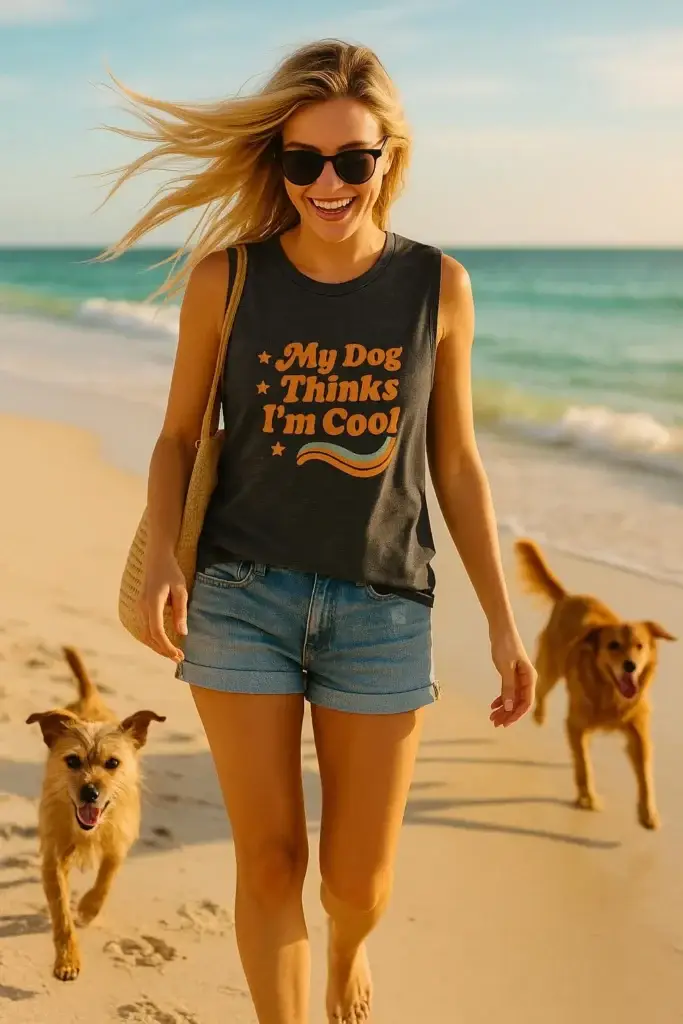 This fun, beach-ready tank is made for proud dog moms! Featuring a retro-style print and playful message, it’s perfect for sunny strolls, dog park hangs, or everyday wear. A must-have for pet parents with style.