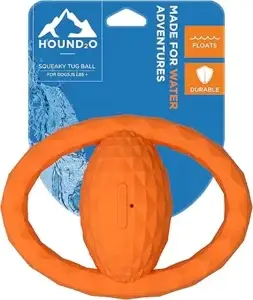 Hound2O Squeaky Tug Ball – bright orange floating dog toy designed for water adventures. Durable and lightweight, perfect for tug-of-war, fetch, and swim play. Ideal for dogs over 35 lbs. Floats on water and built to last. Featured on MTNestersTechGadgets.com.