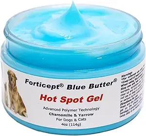 Jar of Forticept Blue Butter Hot Spot Gel for dogs and cats. Bright blue gel shown inside clear container. Label highlights chamomile and yarrow ingredients with benefits for soothing skin irritations, hot spots, and wounds.