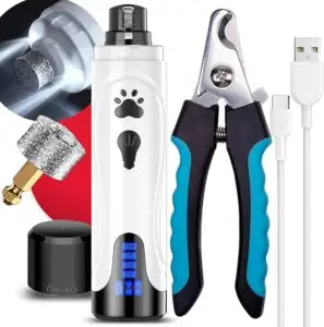 Rechargeable pet nail grinder and clippers kit with three grinding heads, USB charging cable, and ergonomic handle design for trimming dog and cat nails