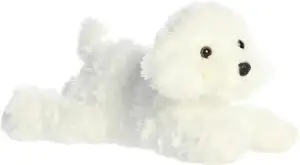 White plush dog toy with floppy ears and black button eyes, perfect for small dogs to cuddle or play with.