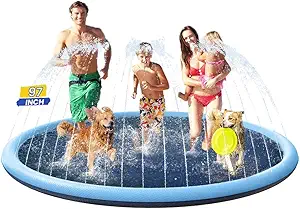Large 97-inch splash pad for kids, families, and dogs, featuring built-in water sprinklers around the edge. Perfect for summer backyard fun, keeping pets and children cool and active. Durable, non-slip design ideal for outdoor water play. Featured on MTNestersTechGadgets.com.
