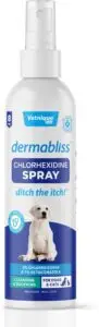 Vetnique Labs Dermabliss Chlorhexidine Spray – one of the best products for dogs with allergies, this vet-strength formula contains 2% chlorhexidine and 1% ketoconazole to soothe itchy, irritated skin. Safe for dogs and cats, ideal for managing skin allergies and hot spots.