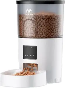 Automatic cat feeders for busy pet parents — this programmable feeder by IMIPAW features portion control, a locking lid, and easy one-touch settings to keep your kitty fed on time, even when you're not home.