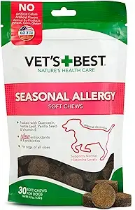 Vet’s Best Seasonal Allergy Soft Chews – one of the best products for dogs with allergies, featuring 30 soft chews made with natural ingredients like quercetin, nettle leaf, and vitamin E to support seasonal allergy relief and immune health.
