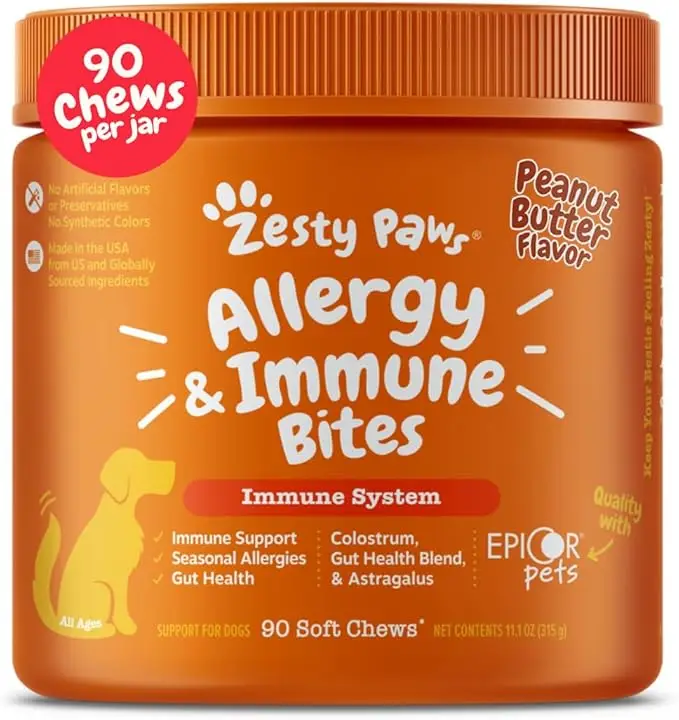 Zesty Paws Allergy & Immune Bites dog allergy supplements – 90 peanut butter flavored soft chews for immune support, gut health, and seasonal allergy relief in dogs. Suitable for all ages.