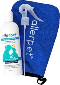Allerpet Dog Dander Remover – one of the best products for dogs with allergies, designed to reduce pet dander in the home for people sensitive to dogs. Includes 12 oz bottle, applicator spray, and microfiber applicator mitt. Non-toxic and safe for regular use.